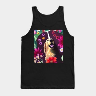 Golden Retriever Dog Puppy Whimsical Portrait Hiding in Wildflowers Secret Garden Digital Art Watercolor Painting Tank Top